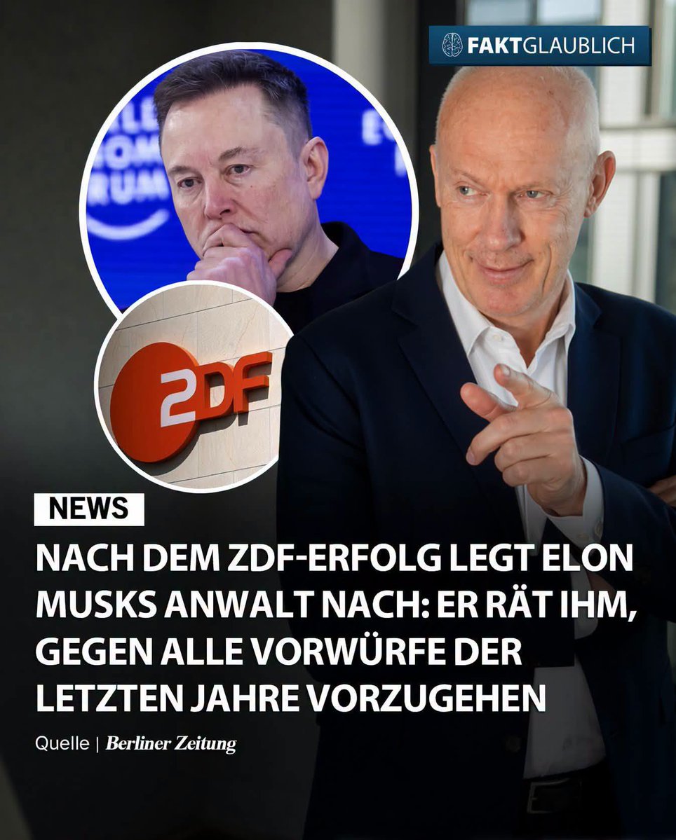 daniel_gugger's tweet photo. 888 Musks Anwalt will jetzt die große Runde aufholen.

Joachim Steinhöfel rät nach dem ZDF-Zwangsabzug dem Milliardär, vorherige Berichte über ihn rechtlich prüfen Auf X heißt es, dass er gegen alle Verleumdungen der letzten Jahre vorgehen will. 

Steinhöfel hat bereits mehr als hundert Medien zum Aufhören gezwungen.

Befürworter sehen das als überfällige Medienkontrolle: 

Wer falsch behauptet, sollte sich dafür einsetzen.

Kritiker warnen vor einer Einschüchterungskampagne gegen die Presse, die kritischen Journalismus in einen Mundvoll verwandeln könnte.

Ob Musk Rat annimmt, steht offen.

Quelle: Berliner Zeitung