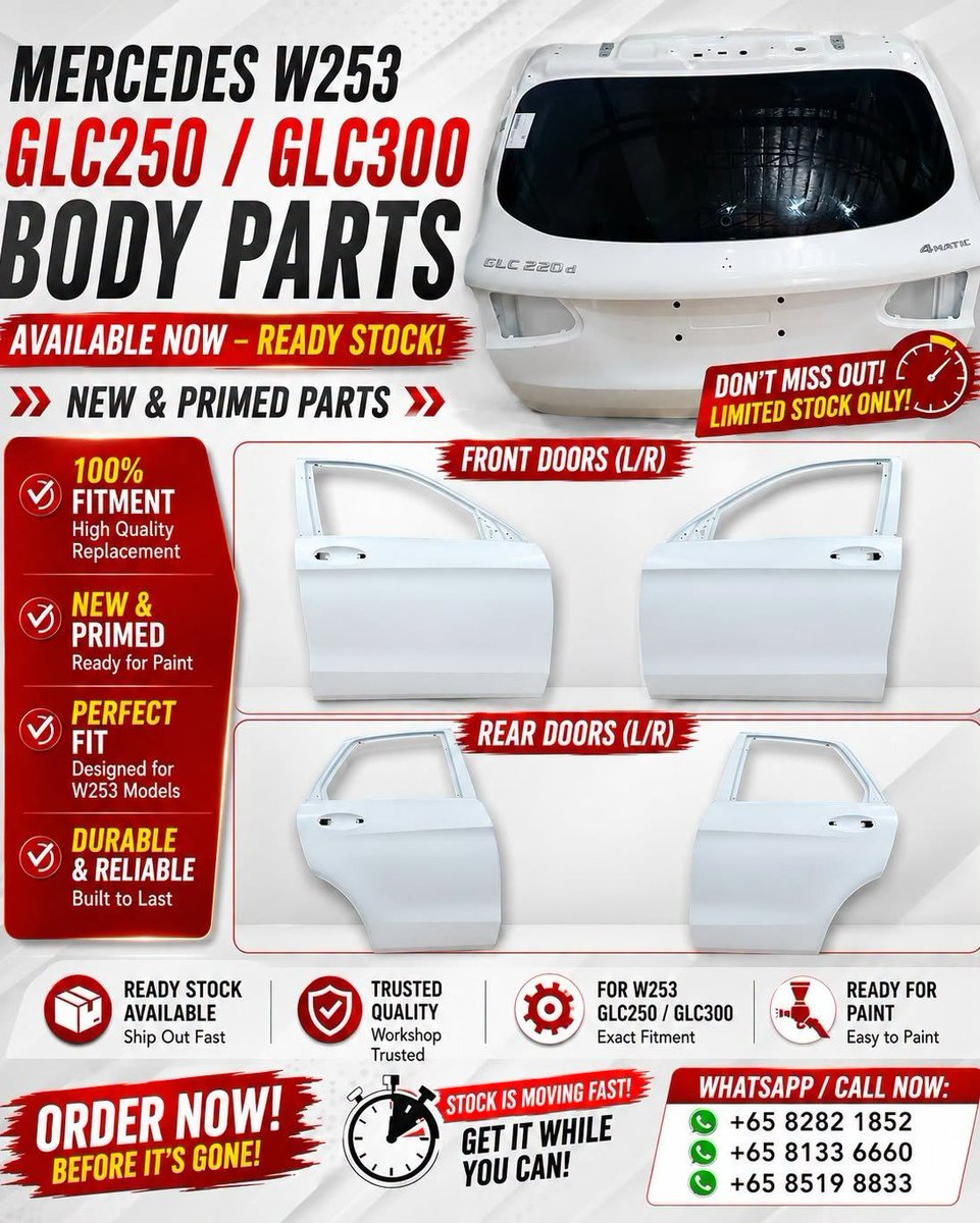 propelauto's tweet photo. 🔥W253 GLC250 / GLC300 BODY PARTS SALE🔥
🚗 New & Primed Doors
🚗 Genuine Boot Lid
🚗 Ready Stock in Singapore
⚠️ Stock Moving Fast!
📞+65 8282 1852 | +65 8133 6660 | +65 8519 8833
Order today before they're gone!
#MercedesGLC #W253 #ReadyStock #MercedesParts #PropelAutoParts https://t.co/YU5XCVMzdI