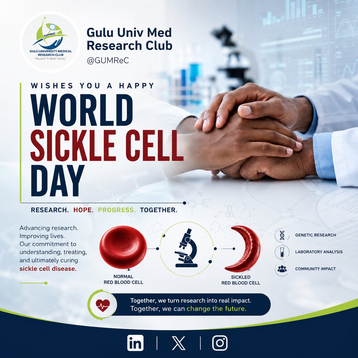 GUMREC25's tweet photo. 🩸 Today is World Sickle Cell Day. 

As researchers, we are committed to understanding this disease at the genetic level, improving laboratory analysis, and amplifying our community impact. We must keep moving forward.

#WSCD2026 #SickleCell #GUMReC https://t.co/JGRfWU4Ege