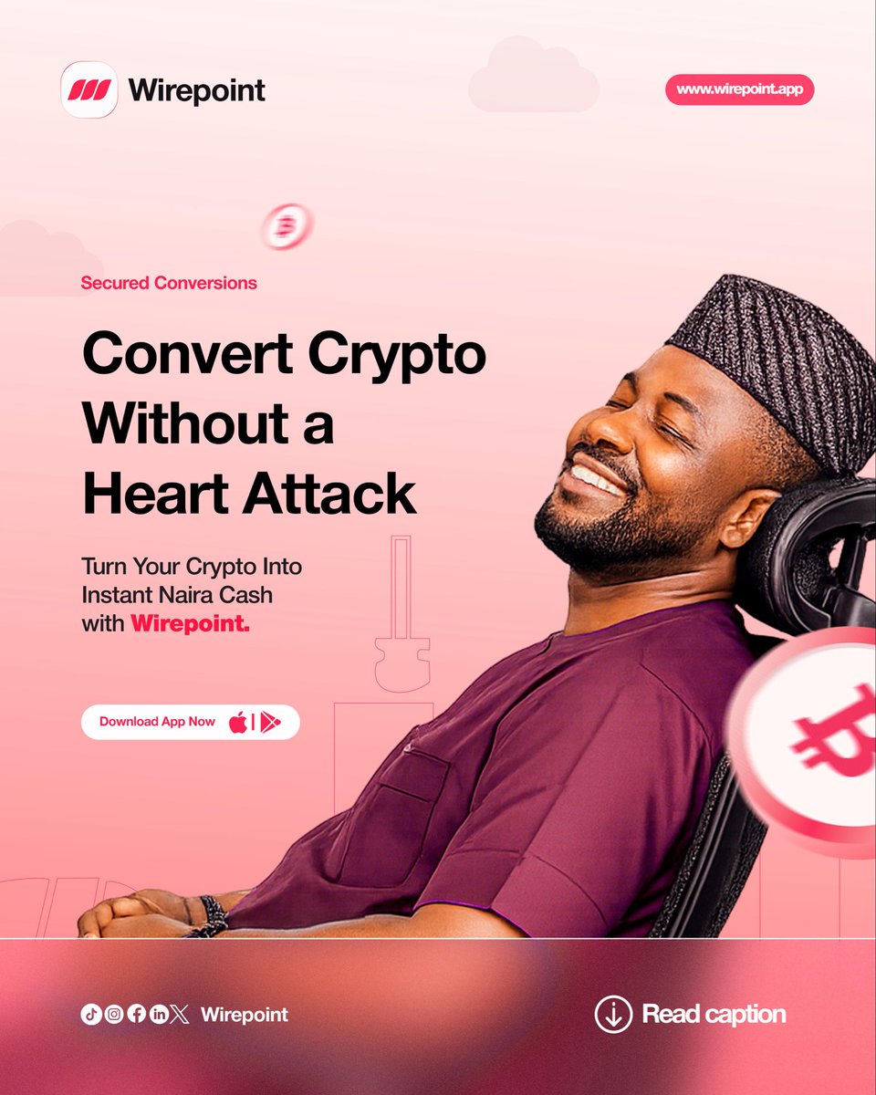 wirepointapp's tweet photo. Convert Crypto Without the Heart Attack. 💸❤️

Why settle for stress when you can enjoy seamless transactions?

With Wirepoint, turn your crypto into instant Naira cash—fast, secure, and hassle-free.

⚡ Instant Settlement
🔒 Secure Transactions
💰 Competitive Rates https://t.co/AaWGAUk75C