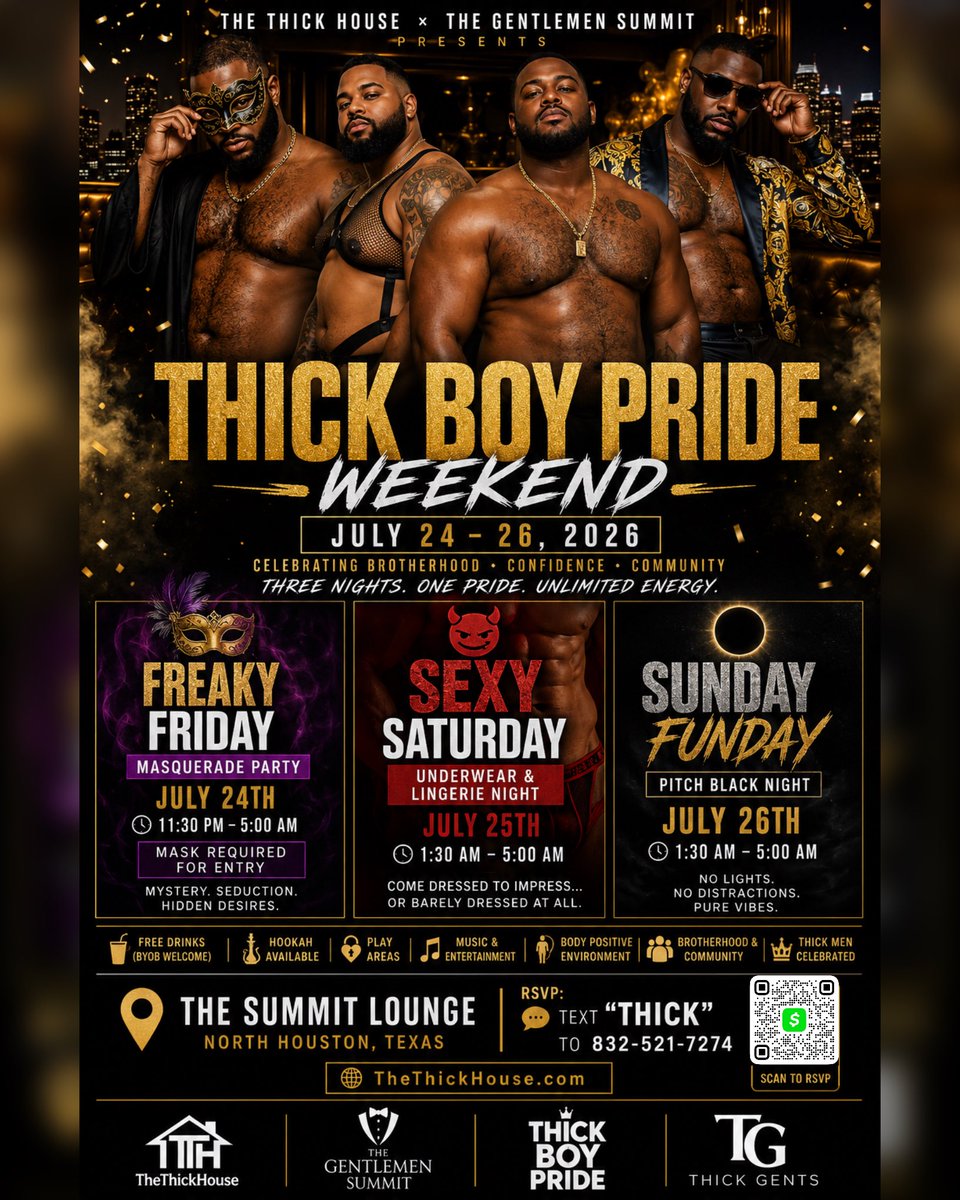 ThickBoyPride's tweet photo. 🐾🏳️‍🌈 THICK BOY PRIDE WEEKEND 🏳️‍🌈🐾 in 
📍 Houston, TX

🥷FREAKY FRIDAY: 7/24
Masquerade Night
😈SEXY SATURDAY: 7/25
Lingerie &amp; Underwear 
☀️ SUNDAY FUNDAY: 7/26
Pitch Black Out 

🎟️ Weekend Passes Available
🌐 https://t.co/tCksHNSo7N https://t.co/MKVM2zFwep