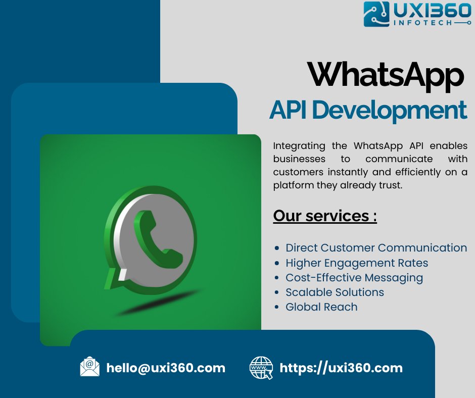 Uxi360InfoTech's tweet photo. 💬 Your customers are on WhatsApp. Is your business?
Unlock seamless communication with WhatsApp API Development by UXI360 InfoTech.
✔ Instant Messaging
✔ Automated Customer Support
🌐 https://t.co/tz7xlbwh9Y

#WhatsAppAPI #WhatsAppBusiness  #Automation #CustomerEngagement https://t.co/QEwYIzjY5r
