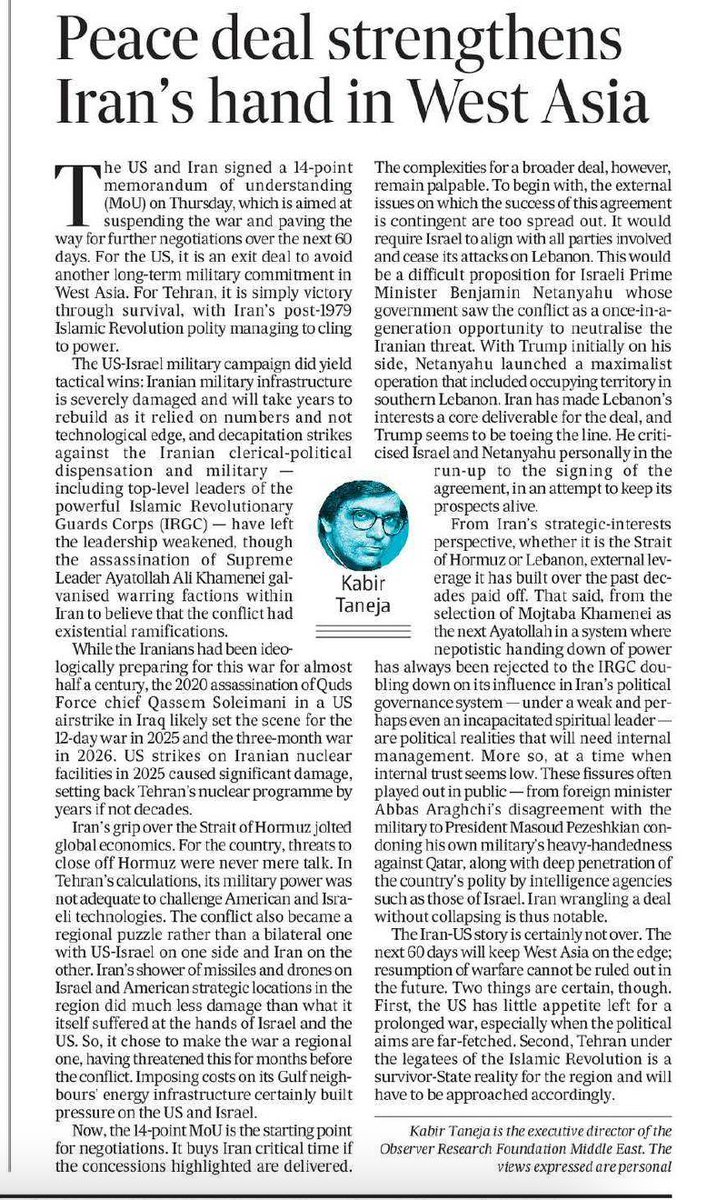 KabirTaneja's tweet photo. In Hindustan Times today I look into the impact of the 14-point US - Iran agreement after three months of war and the why for Tehran after suffering immense losses this arrangement gives a pedestal of relative strength to stand on. The winner at the end of the day was geography. https://t.co/d8bZ2l88cB