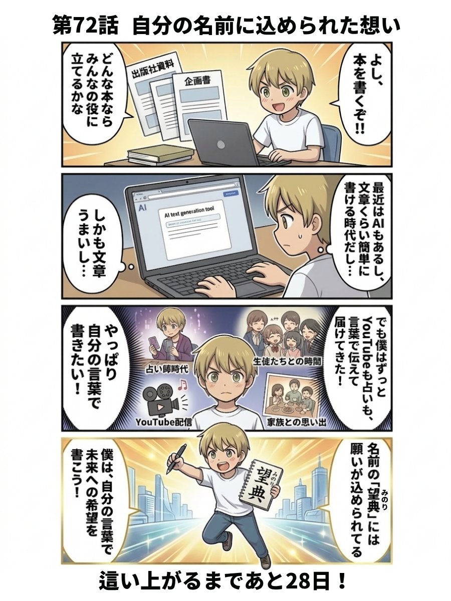 kinmangold10's tweet photo. きんまん漫画　第72話「自分の名前に込められた想い」

AIで文章も画像も動画も作れるようになってしまいました。
でも今回の出版は、すべて僕自身で書いています！！✏️📔🖥️

それは、自分の名前「望典（みのり）」にこめられた両親からの想いがあるから。 https://t.co/tCiixsRspZ
