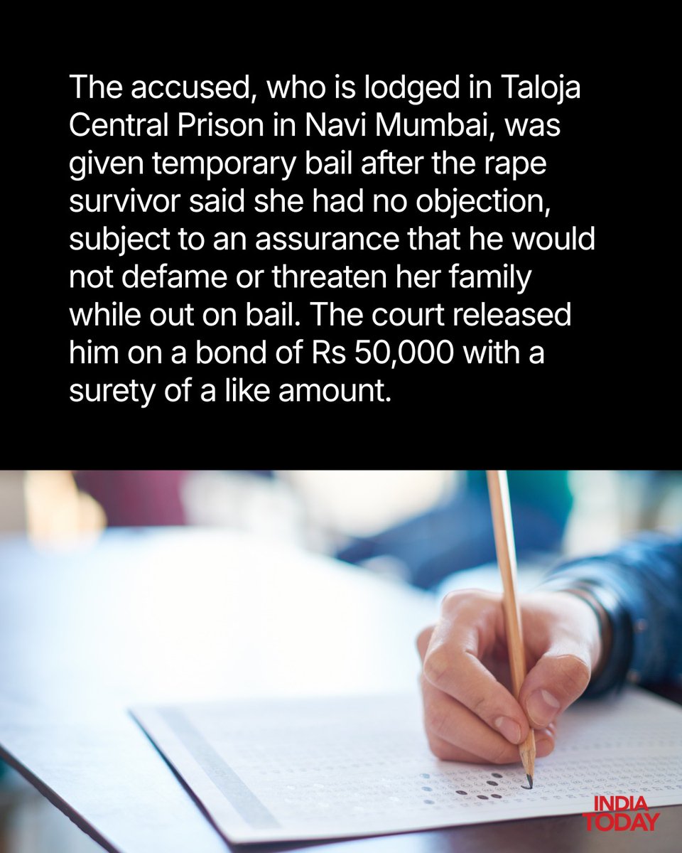IndiaToday's tweet photo. A Mumbai special POCSO court granted an 18-year-old rape accused four days' bail to take the NEET-UG re-test on June 21. The order balanced his exam plea with strict safeguards for the survivor and the case.

Read more: https://t.co/CtIoxcd9ik 

#Mumbai #POCSO #NEETUG #NEET2026 #CourtOrder #TemporaryBail