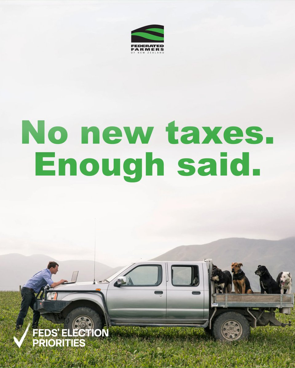 FedFarmers's tweet photo. Between income tax, GST and council rates, there’s no shortage of tax dollars flowing out of farming businesses – often for services or infrastructure that never reach rural communities.

Yet every election we find ourselves responding to proposals that unfairly target farming: methane taxes, water taxes, wealth taxes, land taxes, or capital gains taxes.

New taxes on farming will achieve little more than increasing the cost of food, undermining the viability of rural communities and reducing New Zealand’s export income.

Read our full plan: https://t.co/9pQrUR3q0O
Join us: https://t.co/LX2uVJZhQm