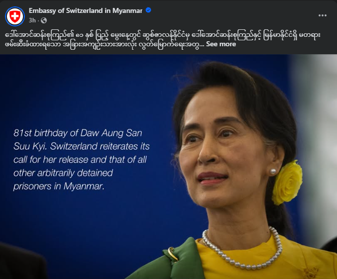 IrrawaddyNews's tweet photo. The EU and other Western embassies celebrated the 81st birthday of Daw Aung San Suu Kyi on Friday by sharing images including a graphic-design portrait of her wearing a rose in her hair alongside the number 81 in Burmese digits. #WhatsHappeningInMyanmar https://t.co/dWHiGmD4oq