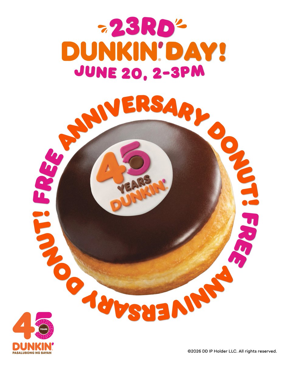 dunkinph's tweet photo. FREE Donut for everyone in celebration of the 23rd Dunkin’ Day! 🍩✨ See you tomorrow at your nearest Dunkin’ store. #DunkinPHDay https://t.co/yzlEjwDD9T