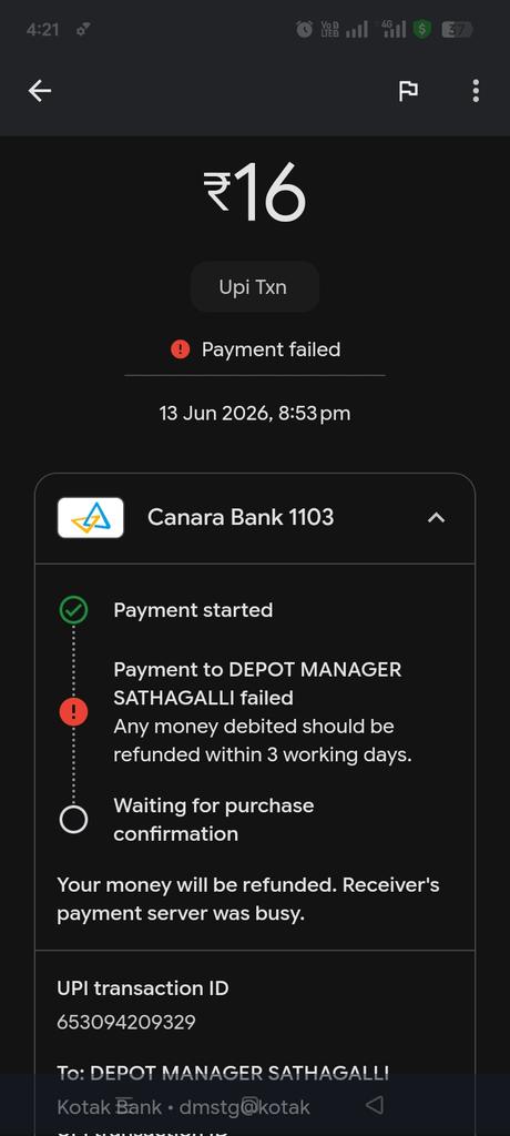Bandaya12's tweet photo. Dear Karnataka State Road Transport Corporation,
I booked tickets through your online payment system, and the amount was debited from my bank account. However, due to a technical/server issue, the ticket was not generated. I have attached screenshots showing the failed https://t.co/R4EBwXngTZ