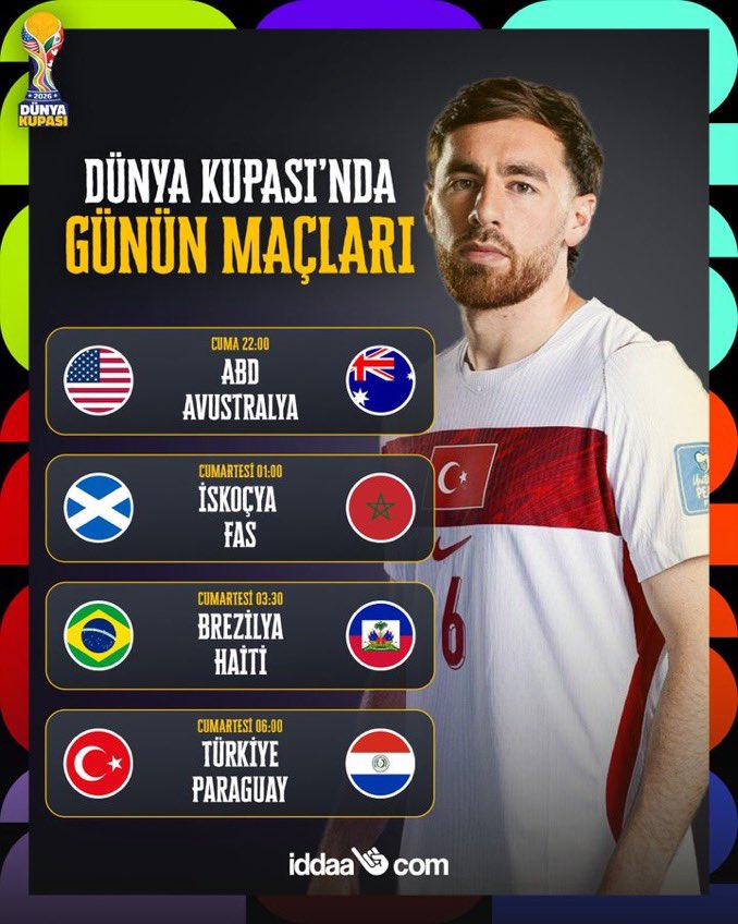 demirellersans's tweet photo. 22.00'den 06:00'ya Dünya Kupası heyecanı devam ediyor.

🇺🇸ABD - 🇦🇺Avustralya
🏴󠁧󠁢󠁳󠁣󠁴󠁿İskoçya - 🇲🇦Fas
🇧🇷Brezilya - 🇭🇹Haiti
🇹🇷Türkiye - 🇵🇾Paraguay

Demireller Şans Oyunları ile hem yüksek oran hem de yüksek bonus seni bekliyor!

Üye olmak için; https://t.co/TQiD3SvvbO

#KralOran #demireller