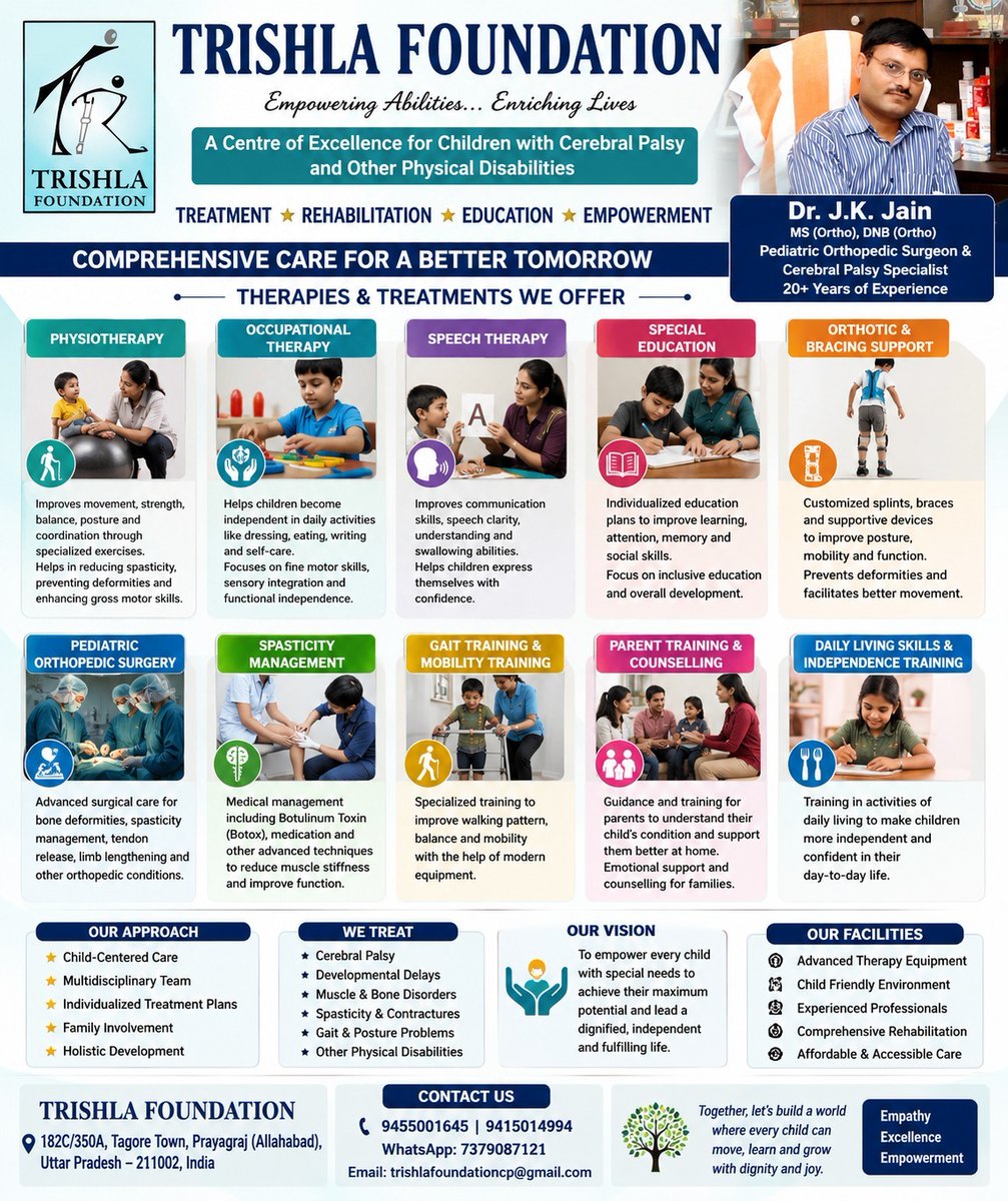 CPTreatment's tweet photo. Comprehensive Care for Children with Cerebral Palsy! From physiotherapy and speech therapy to special education and mobility training, we are dedicated to helping every child reach their full potential and lead a more independent life. 

#TrishlaFoundation #CerebralPalsy https://t.co/19jNBHE3RW