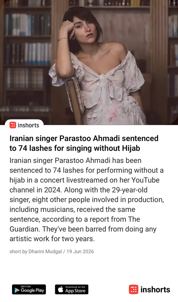 amritabhinder's tweet photo. Iranian singer Parastoo Ahmadi sentenced to 74 lashes for singing without Hijab
https://t.co/maYO7F3Y8q
 -via inshorts https://t.co/N7M0402R7x
