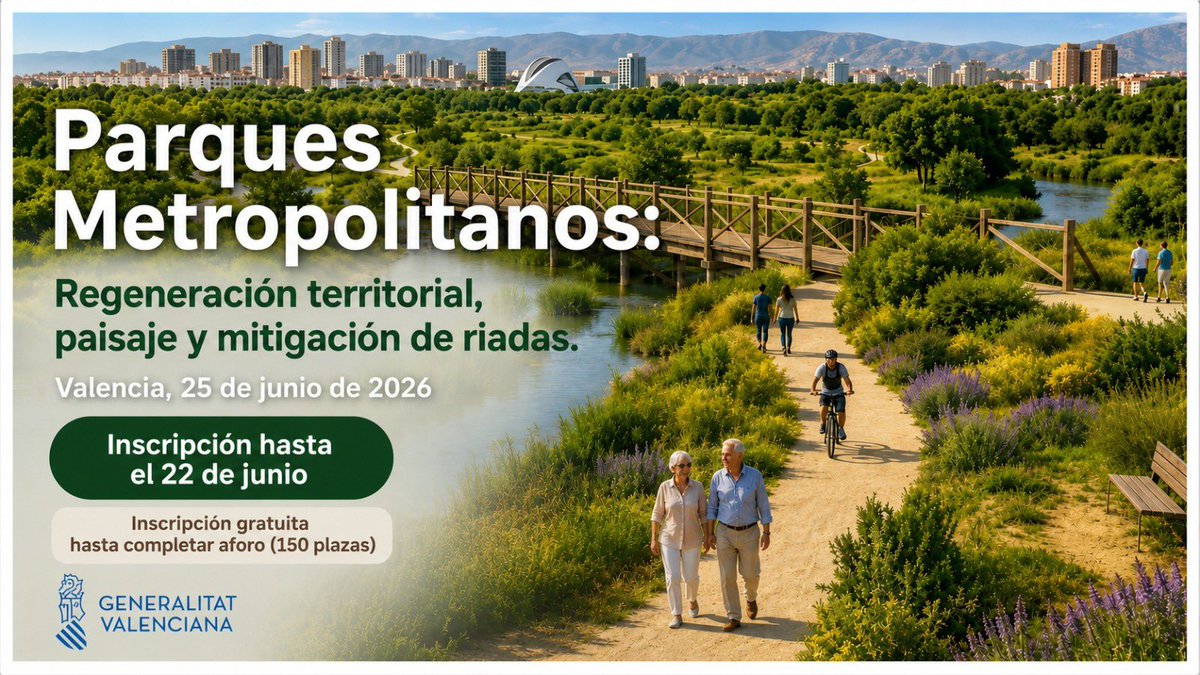 COACV's tweet photo. 🟢 Jornada «Parques Metropolitanos: Regeneración territorial, paisaje y mitigación de riadas» 

 🗓️ 25/06/2026
 🕘 9:00h
📍  MUVIM

Los colegios profesionales junto al Comisionado para la Recuperación de GVA promueven este foro de reflexión 

Inscríbete👇
https://t.co/xyXMdKmzFQ https://t.co/mh4q9XcL0O