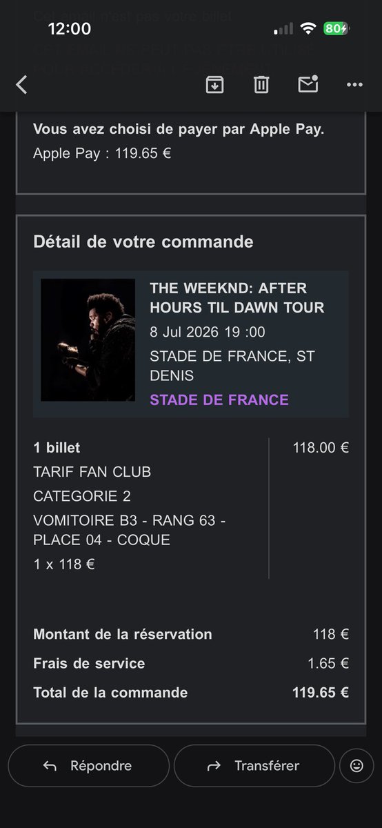 kjjk97_'s tweet photo. CONCERT THE WEEKND

Je vends ma place de concert pour The weeknd du 8 Juillet 2026 à Paris pour 100 euros (prix négociable) car je ne peux plus y aller.

Hésitez pas à me contacter en dm pour pour plus de précisions ou si vous êtes intéressés!!
#AfterHoursTilDawnTour #TheWeeknd https://t.co/TT3upFUVlO
