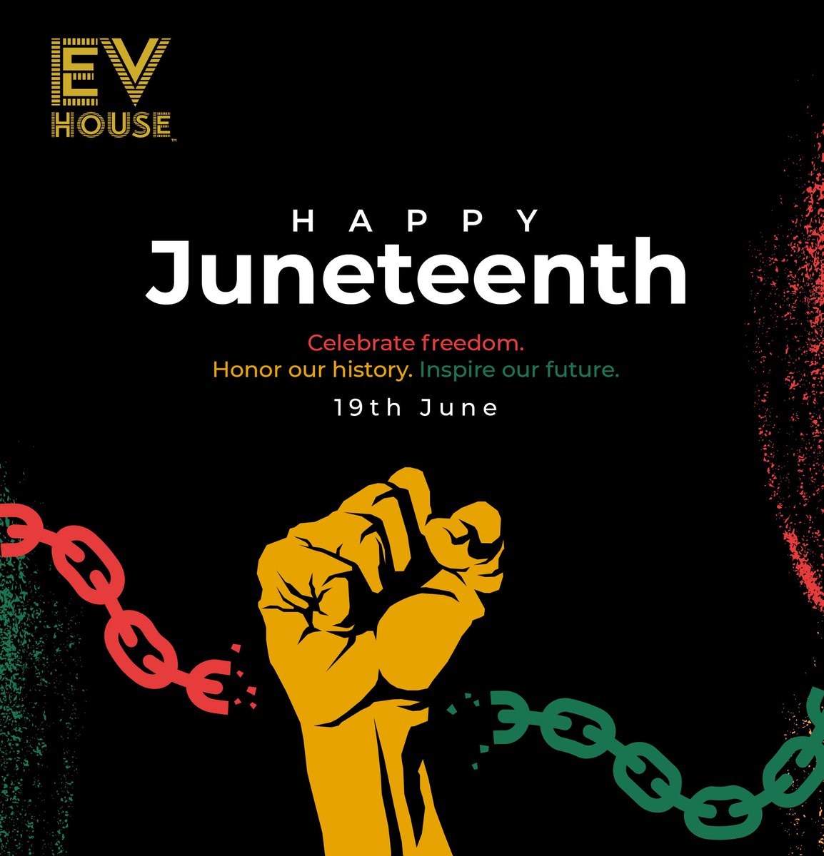 EVHouseltd's tweet photo. Happy Juneteenth! ✊🏾
Today, we honor the resilience, courage, and enduring spirit of those who fought for freedom.#AfricaRising #Accra #GhanaBusiness #CleanEnergy #DriveTheFuture https://t.co/Dy47qvMpTe