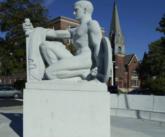 GeekTold's tweet photo. At the corner of Route 302 and 110 in downtown Barre, Vermont, USA, stands The Youth Triumphant Statue, also known as The Whispering Statue. It measures about 0.91 m by 0.91 m at the granite base, and is 2.4 m tall. It is a memorial to the soldiers of the First World War. #Arts https://t.co/LGk8bxE63o
