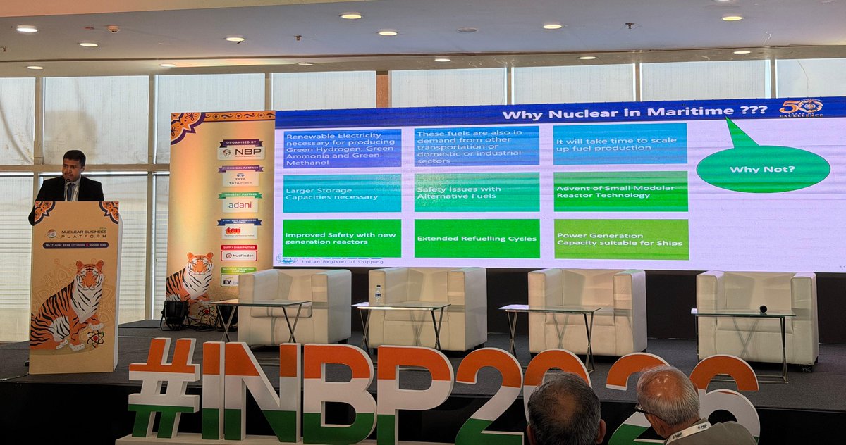 irclass's tweet photo. Mr. Karan Doshi @IRClass - Indian Register of Shipping presented insights on 'Nuclear Power Applications in Maritime' at the India Nuclear Business Platform @Nuclear_BP ,17 June 2026,Mumbai.
#maritime #sustainability #nuclear #technology #compliance #shipping #marines #innovation https://t.co/E8KxswYbC1