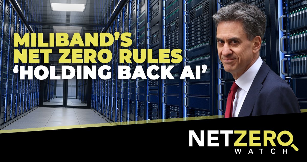NetZeroWatch's tweet photo. Ed Miliband’s net zero rules risk scuppering Britain’s push to become a global leader in artificial intelligence, an industry expert has warned. The Energy Secretary’s restrictions on new gas-fired power stations mean there would not be enough electricity for AI data centres.  There is growing concern that Miliband’s net zero ambitions and crackdown on fossil fuels are clashing with Starmer’s pledge to make the UK a global leader in AI.

#CostOfNetZero
