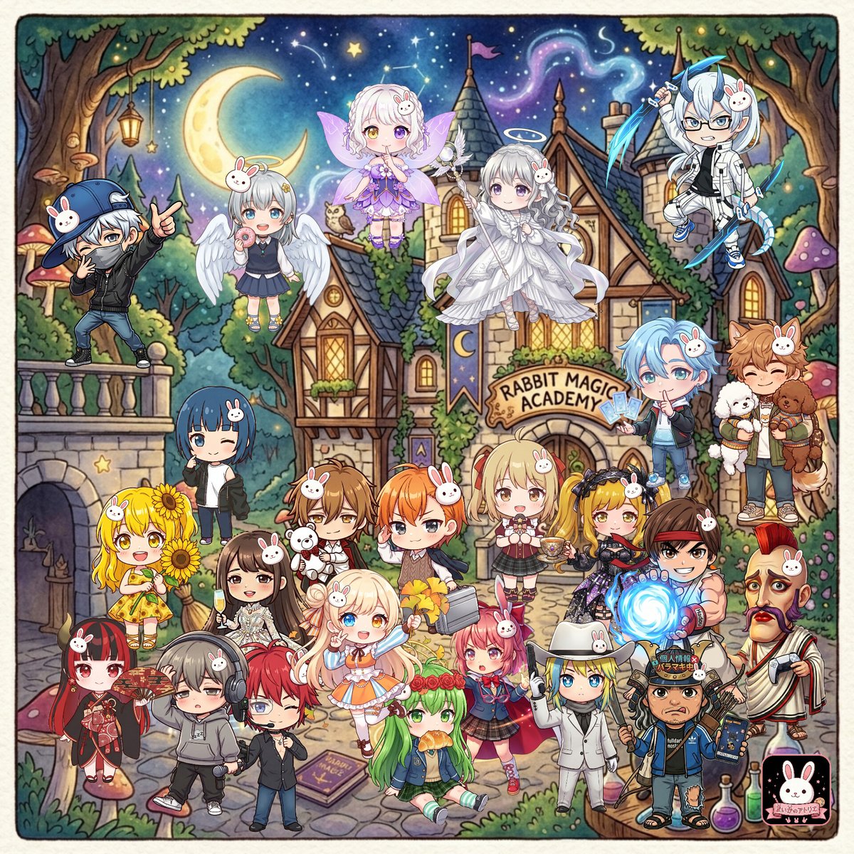 maimai_dq_ch's tweet photo. 魔法学校全員集合イラスト॑⸜(* ॑꒳ ॑*  )⸝⋆*
こんな感じでミニキャラ作ってます！
ミニキャラ＋アイコン作成は無料作成中だから気軽にDM待ってますっ
17LIVEのユーザーさんなら魔法学校も入学出来ちゃう꜀(  ꜆ᐢ.  ̫.ᐢ)꜆♡
立ち絵作成からネームロゴもやってるっ
 #無償企画
 #ミニキャラ作成 https://t.co/xLawwps3dM