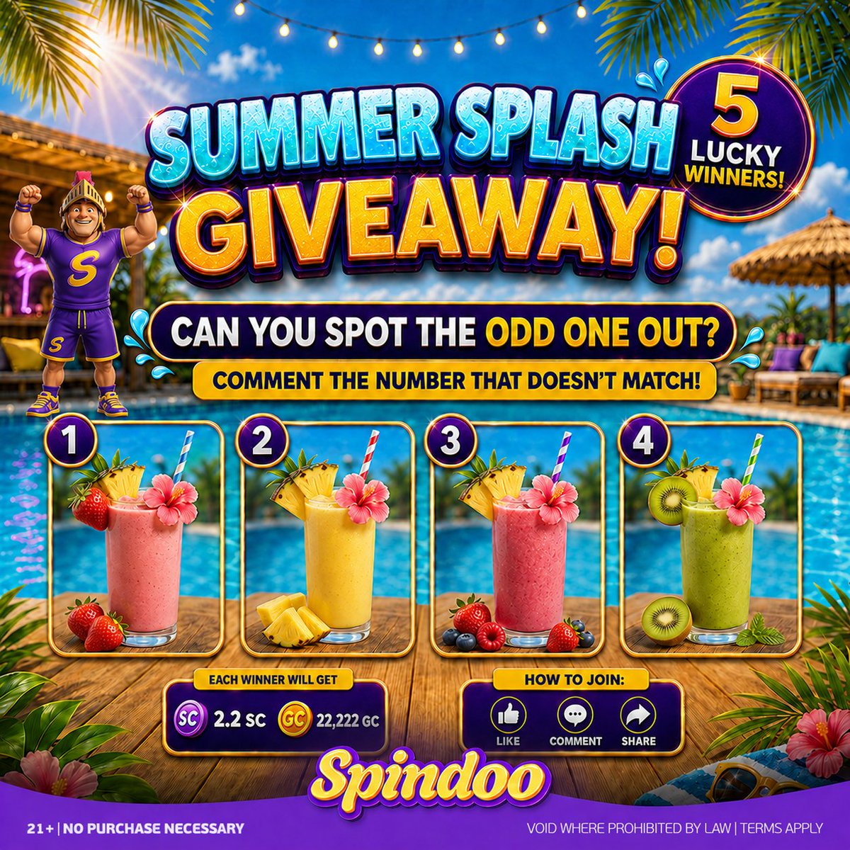 Spindoo_us's tweet photo. ☀️ Summer Splash is on at Spindoo! 🍹
One of these drinks is the odd one out… can you spot it? 👀
Comment the number that doesn’t match below for your chance to be 1 of 5 lucky winners!
Each winner will get 22,222 GC + 2.2 FREE SC 💸

#Spindoo  #Giveaway #SocialCasino #FreeSC https://t.co/0Qxz5ww9Fk