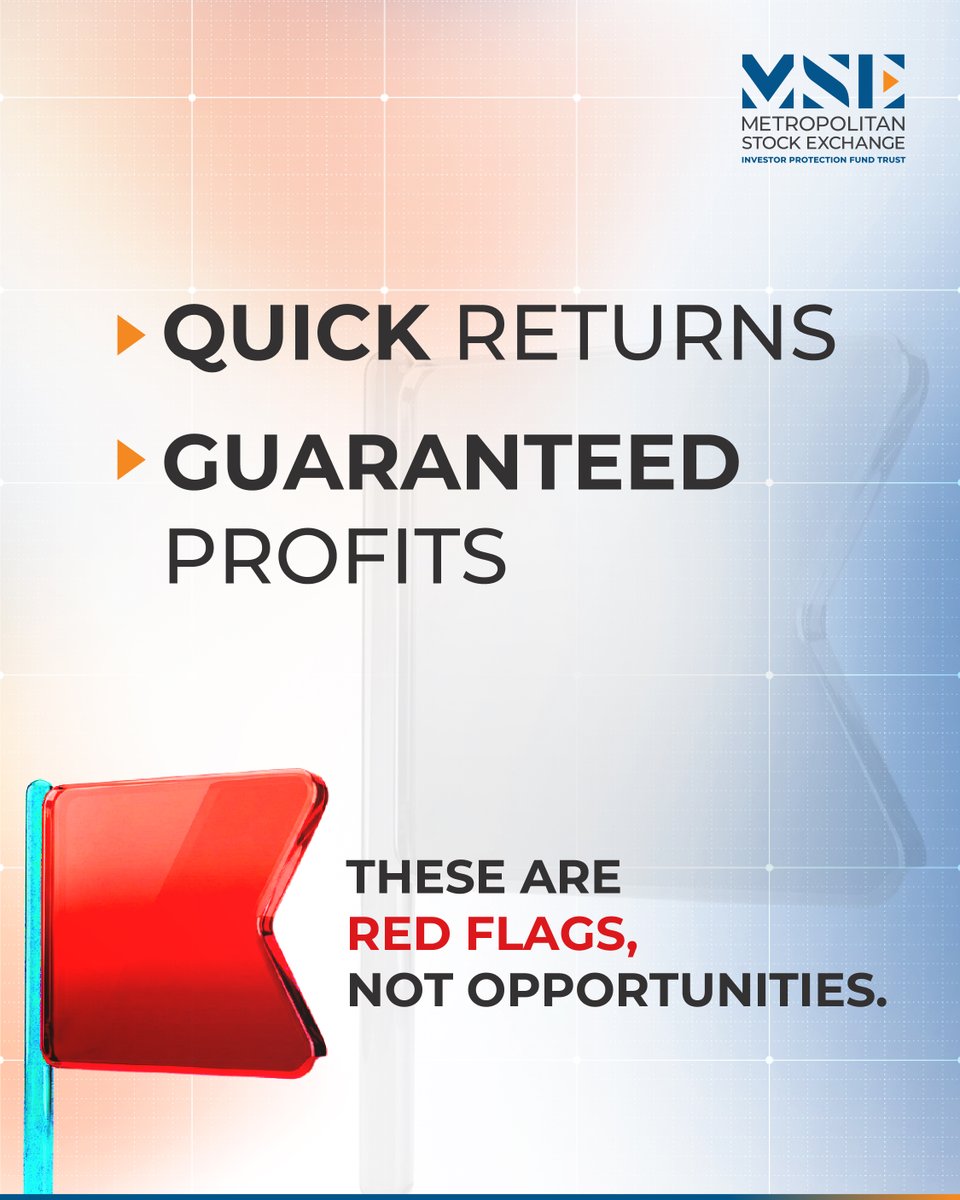 MSE_Exchange's tweet photo. "Guaranteed Returns" is often a Warning Sign. Be cautious of promises that sound too good to be true.
Always verify before you invest.
#MSE #SEBI #smartinvestor #stayinformed #investorawareness #SafeInvesting #investorawareness #verifybeforeyouinvest https://t.co/bvOHSObHKx