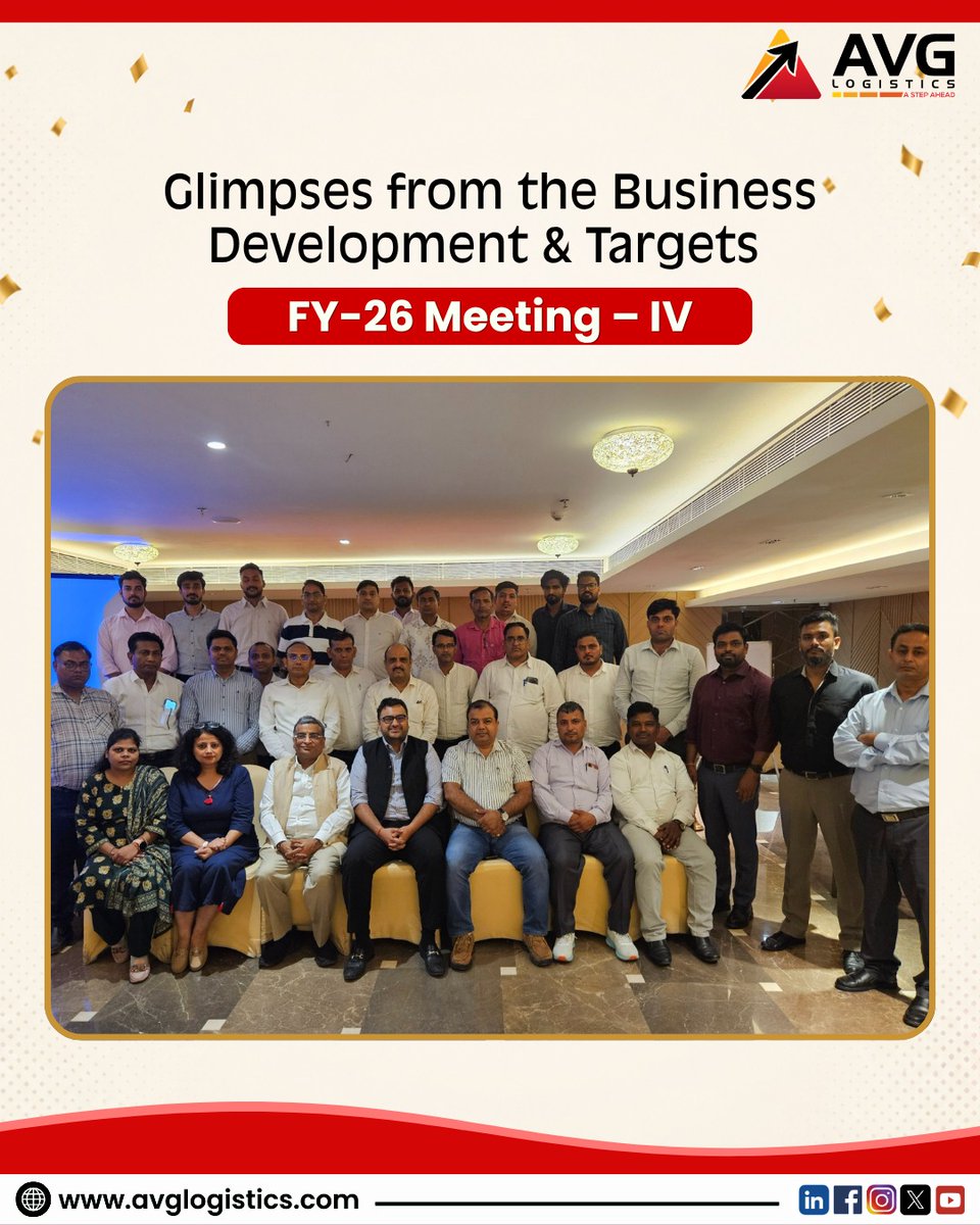 LogisticsAvg's tweet photo. At AVG Logistics’ Business Development and Targets FY-26 Meeting – IV, our teams came together to reflect on our progress, exchange valuable insights, and align on the road ahead.
#AVGLogistics #FY26 #SupplyChain #GrowthJourney #Logistics #Raillogistics #Multimodallogistics https://t.co/zo7T2FUu4c