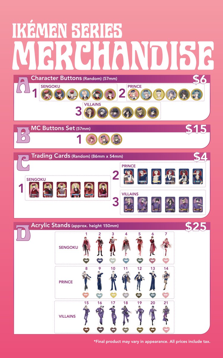 cyikemen_en's tweet photo. 🗝️🛍️Anime Expo News🛍️🗝️

✨FINALLY the exclusive Merch Drop is here!

❤️Pick up trading cards, acrylic stands, glittery tapestries, stylish T-shirts and more!

Check the thread for larger images!🔎

📌Anime Expo 2026
July 2-5
Booth: SH114

@AnimeExpo 
#ikemenseries
#AX2026
#otome https://t.co/08XOd3Nm9N