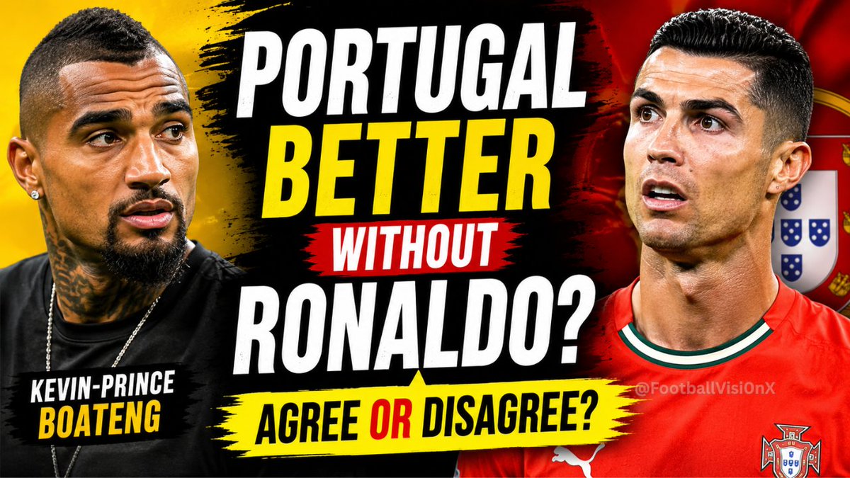 FootballVisi0nX's tweet photo. 🚨 Kevin-Prince Boateng's verdict on Cristiano Ronaldo:

"Portugal is a better side without him."

Boateng believes Ronaldo should no longer start and should instead be used as a super-sub for the final 15-20 minutes.

👀 Is he right, or is this complete nonsense?

AGREE OR DISAGREE? 👇🇵🇹🐐

#CristianoRonaldo #Portugal #FIFAWorldCup #FootballTwitter #Ronaldo #CR7