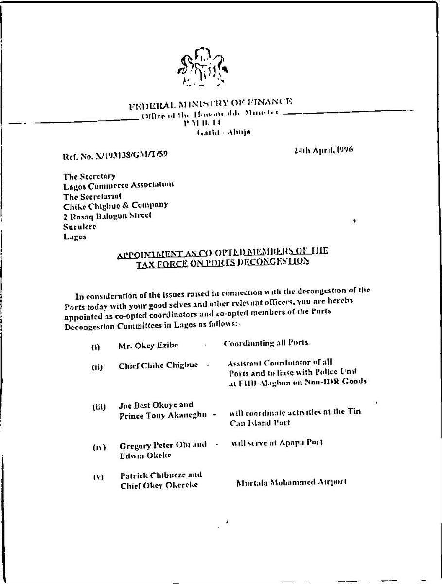 PureMinD__'s tweet photo. Peter Obi, based on his status as one of the biggest importers at the time were part of those who had different dialogues with Gen Sanni Abacha on the need to decongest Nigerian ports to foster productivity and was later appointed as “Co-opted member” of the task force serving at Apapa port alongside Edwin Okeke. 

Co-opted in that letter’s subject means he was appointed based on the vote of existing members of the task force. 

I’m seeing some APC minions trying to tie PO’s enormous wealth to the appointment and I understand yet again why these guys don’t see Nigeria’s alarming number of “Out of school” children as a big deal because how can you be educated and say these kinds of bullocks? 

He wasn’t even Chairman of the Original Task Force or even Chairman of the Co-opted members of the task force LMAO 😂😂

I know it’s alien to you lot but some people actually made their money legitimately and Peter Obi is one of them. Why do you think people like me are following him? 

Criminals.
