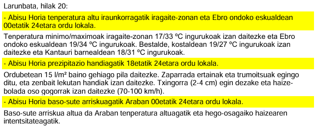 Euskalmet's tweet photo. 🟡 #AbisuHoria #beroa #BasoSutea #euria

📆Larunbata, hilaren 20a
⛈ Prezipitazio handia 18:00etatik 24:00etara
🌡T altu iraunkorra Araban
🔥Baso-sute arriskua Araban

📆Sábado, día 20
⛈ Chubascos intensos de 18:00 a 24:00
🌡T altas persistentes Álava
🔥Incendios Álava https://t.co/8KYp7gRH2T
