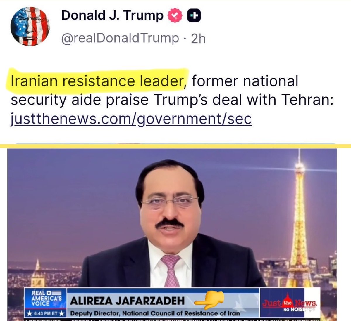 khodanoor_01's tweet photo. ترامپ در جدیدترین پست خودش مقاله‌ای
از #رهبر_مقاومت_ایران بازنشر کرده که 
در ادامه‌اش نام « علیرضا جعفرزاده » آورده
شده، این فرد از مدیران سازمان مجاهدین
 خلق هستش، و ترامپ رسماً از مجاهدین حمایت کرده!!! مبارک پهلوی‌طلب‌ها https://t.co/nnynRlpTst