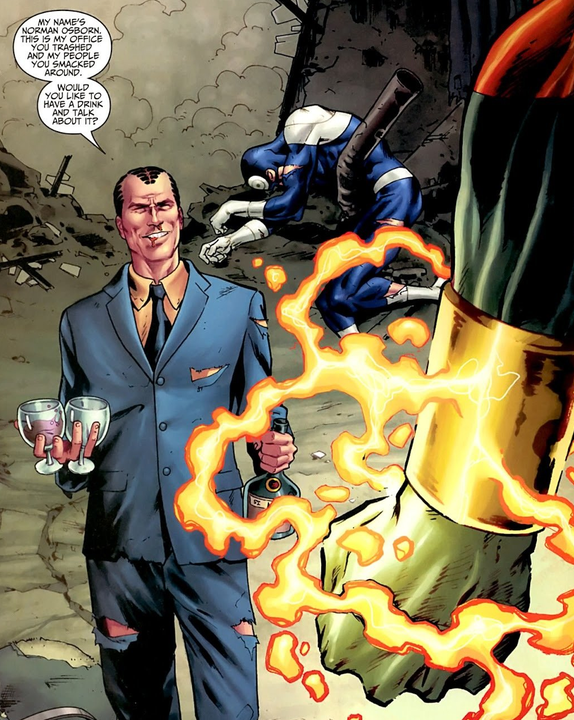 Jesko_pizza's tweet photo. Norman offering Captain Marvel a drink like Bullseye isnt folded like an omelette right behind him https://t.co/czoHrFYklH