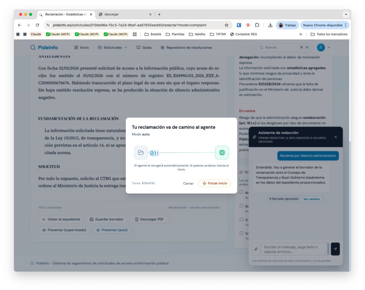 naroh's tweet photo. Tres silencios administrativos por parte de los Ministerios de Justicia e Interior. 

Reclamaciones generadas con IA y presentadas automáticamente con un clic gracias al agente de https://t.co/DCZRIKPafE. 

A mí me sigue pareciendo magia haber construido esto 😂 https://t.co/EKQTHffvZr