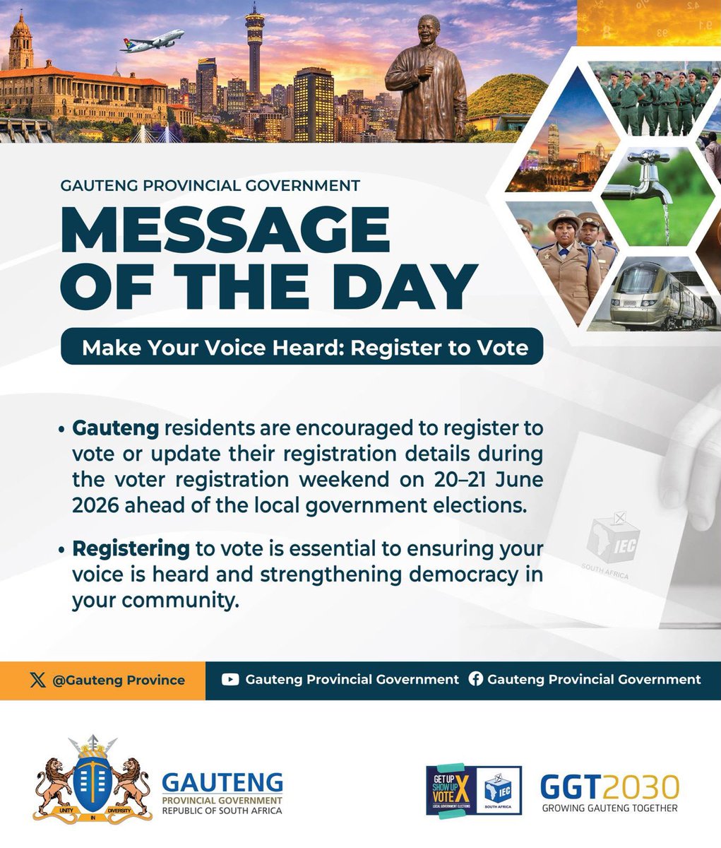 GautengProvince's tweet photo. #RegisterToVote #LGE2026 | 

Gauteng residents are encouraged to register to vote or update their registration details during the voter registration weekend on 20–21 June 2026 ahead of the local government elections.

Voting stations will be open from 08h00 to 17h00 on Saturday, 20 June, and Sunday, 21 June 2026, to assist with registrations and updates.

Residents can also register or update their details anytime via the IEC online registration portal, available 24/7: https://t.co/7pUC1FCnkv.
