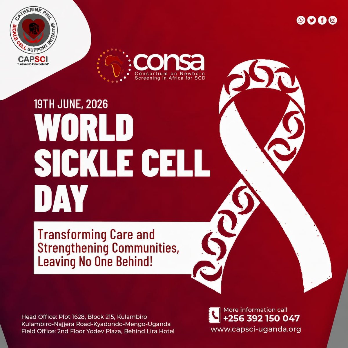 UgandaSickle's tweet photo. WORLD SICKLE CELL DAY 2026 MESSAGE.

Today, as the world commemorates World Sickle Cell Day, we pause not only to recognize a disease but to acknowledge the countless lives, dreams, struggles, and victories of millions of people living with sickle cell disease across the globe.

Behind every sickle cell diagnosis is a child yearning to play without pain, a parent silently battling fear and uncertainty, a young person fighting to pursue education and employment despite repeated hospital admissions, and families making impossible choices between treatment and survival. Their stories are not statistics—they are human lives deserving of dignity, opportunity, and hope.

For far too long, sickle cell disease has remained a silent public health challenge, claiming lives, limiting potential, and placing enormous emotional and financial burdens on families. Yet, this burden is preventable. Knowledge is power. Testing saves lives. Early diagnosis transforms futures. Access to treatment restores hope.

At Catherine Phil Sickle Cell Support Initiative, we believe that no child should die because they were born with sickle cell disease. No family should suffer because they lacked access to information, testing, counseling, or affordable treatment. And no community should remain uninformed when solutions exist.

Today, we call upon governments, development partners, researchers, healthcare workers, religious leaders, cultural institutions, schools, media houses, and communities to stand together and make sickle cell disease a national and global priority. We must invest in mandatory and accessible sickle cell testing, expand newborn screening services, ensure affordable access to Hydroxyurea and other essential treatments, strengthen research and innovation, and dedicate sustainable funding towards comprehensive sickle cell programs.

To every person living with sickle cell disease: You are stronger than the pain you endure. You are more than your diagnosis. Your courage inspires us, and your voice matters. We stand with you today and every day.

As we commemorate World Sickle Cell Day 2026, let us move beyond awareness to action, beyond sympathy to commitment, and beyond promises to measurable change.

Together, we can create a future where every child born has the opportunity to live a healthy, productive, and fulfilling life free from preventable suffering.

Transforming Care. Strengthening Communities. Leaving No One Behind.

Happy World Sickle Cell Day 2026

@terumobct @mulure  @bayloruganda @mujhu_care_ltd @ClintonFdn @jcrc_official1 @Microhaem @HemOnc_Uganda @cphluganda @BalaamBarugahar @AshelyJulie @ASH_hematology @SickleInAfrica @DianaAtwine @JaneRuth_Aceng @pearlbank_ug @ubtsug1 @GMMH_NHS @mentalhealth @TheSCMHFund @BwindiHospital @JinjaRRH @kirudduNRH @SorotiHospital @MulagoReferral @NaCORIUganda @DrJGiddensRN @SCCConsortium @MugenyiHenry