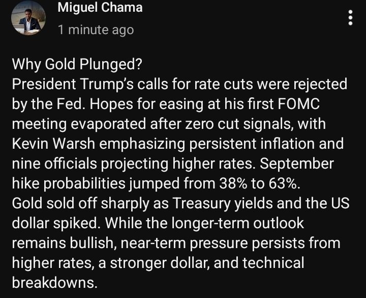 MiguelSolution1's tweet photo. Why Gold Plunged
President Trump’s calls for rate cuts were rejected by the Fed. Hopes for easing at his first FOMC meeting evaporated after zero cut signals, with Kevin Warsh emphasizing persistent inflation and nine officials projecting higher rates. #XAUUSD #FED https://t.co/bJrMeA9X4X
