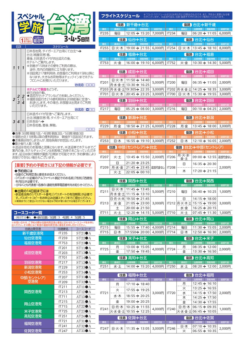 THUv_COOP_KOHO's tweet photo. 【大学生協限定企画】スペシャル学旅「台湾」
夏休みにおすすめの旅行はこちら✨
仙台はもちろん全国14の空港から自由に組み合わせて往路・復路の発着空港が選べます✈
出発日限定のため満席になってしまう前にご予約はお早めに！
▷お申込み・ご相談はトラベルコープへ https://t.co/yL9n3kfqjZ