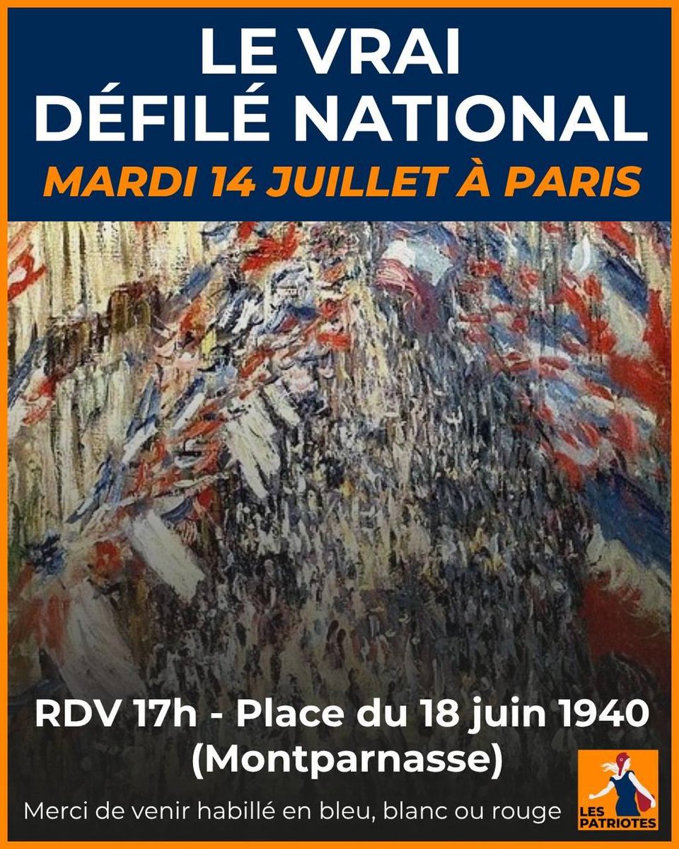 FrancoisDESCAM7's tweet photo. ♦️Le 14 juillet faisons le VRAI défilé national !

❌Macron célébrera avec Von der Leyen, Zelensky et Cie, l’Ukraine, l’OTAN et l’UE. « L’hymne européen » conclura. Des avions aux couleurs de l’Ukraine, etc.

✅Alors RDV pour le VRAI DÉFILE DU PEUPLE en l’honneur de la FRANCE ! https://t.co/FEAN23Alum