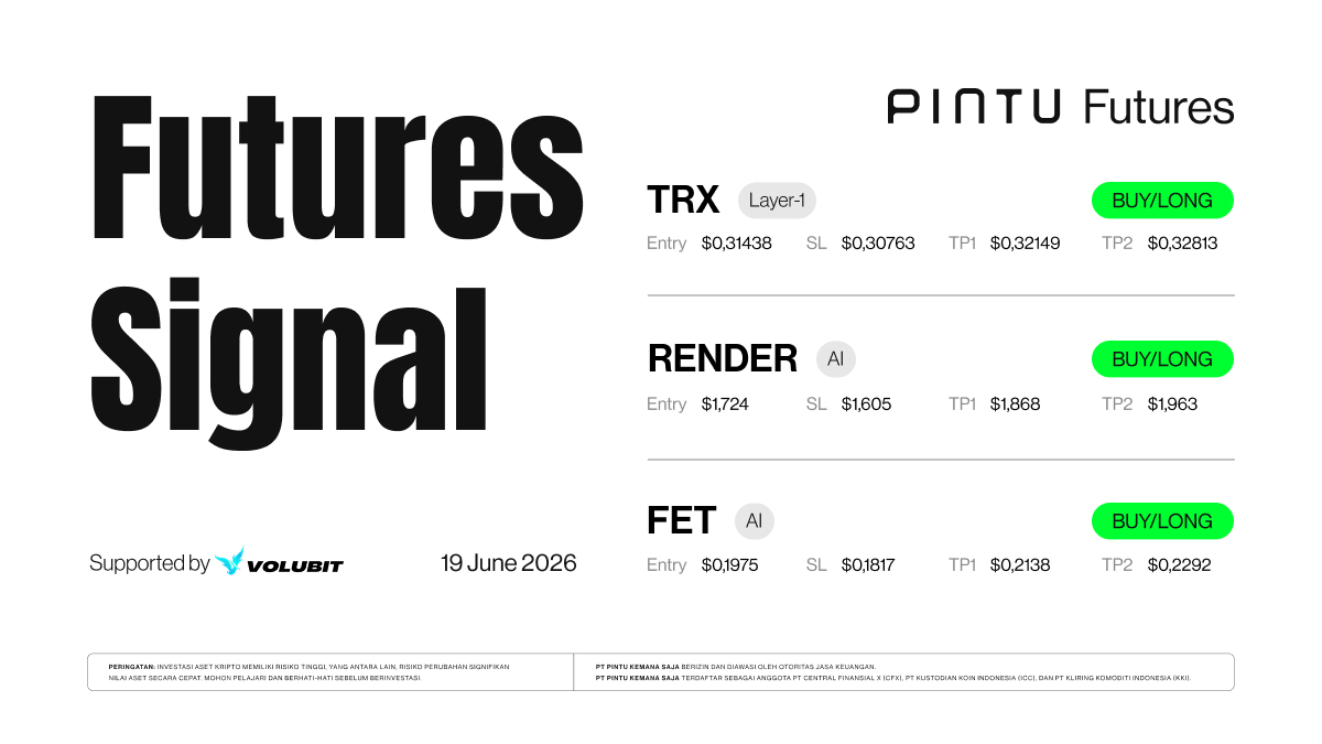 PintuID's tweet photo. Crypto Futures Signal – Jumat, 19 Juni 2026 🚀

Hari ini Pintu bareng Volubit kembali hadir dengan beberapa sinyal trading potensial di market futures, lengkap dengan Entry, TP, dan SL.

Catatan penting: ini bukan ajakan investasi. Tetap DYOR dan gunakan manajemen risiko dengan disiplin.

Yuk, kita bahas satu per satu 👇