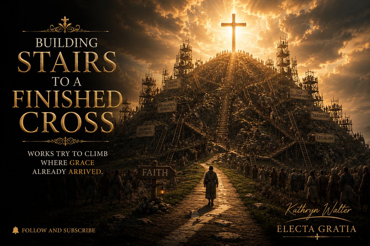 5SolasKittyKate's tweet photo. The ladder of self-righteousness has never reached heaven. But grace came down from heaven and reached us

"When Jesus had received the sour wine, he said, 'It is finished,' and he bowed his head and gave up his spirit."
John 19:30

Every religion of human achievement is a construction project.

Build more.
Climb higher.
Try harder.
Do better.

Yet Christ never invited sinners to build their way to God.
He came because we could not.

The tragedy of fallen humanity is not merely that we are sinful. It is that we keep trying to save ourselves from our sin.

The mountain is already conquered.
The debt is already paid.
The sacrifice is already accepted.
The work is already finished.

Works keep climbing.

Faith simply receives.

Are you climbing a ladder of performance, or resting in the finished work of Christ?

#SolaGratia #SolaFide #SolusChristus #Reformation #ChristianTruth #BiblicalTruth #Christianity #BibleStudy #JesusChrist #ChristianLiving #ElectaGratia

TO SUPPORT

🌐 https://t.co/ywwUu2kgN6
🖋️Books authored by me 👇 Buy and be blessed.

AS THE DEER PANTS
Prayers for Thirsting Souls in Every Season 👇
 
 https://t.co/S1ciAXg8jj
 
THE WAR FOR WOMANHOOD SERIES – BOOK 1 AND BOOK 2 👇
 
 https://t.co/GDDs6rxeHM
 
OR 
 
 https://t.co/RiwTAX6ZCo