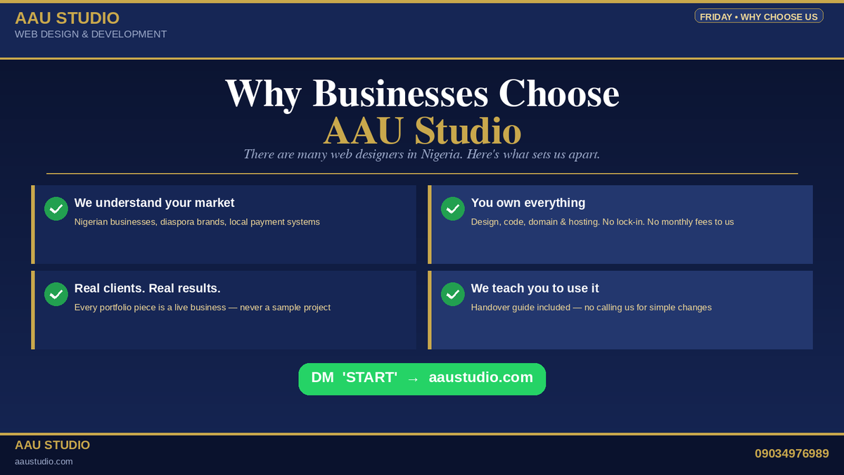 AAUStudio_'s tweet photo. Why businesses choose AAU Studio:

✅ We understand your market
✅ You own 100% — no lock-in
✅ Real clients, real results
✅ We teach you to use it

DM 'START' → https://t.co/6LI8JbcAZv

#AAUStudio #WebDesignNigeria #WhyChooseUs https://t.co/1qIrUv9zfv