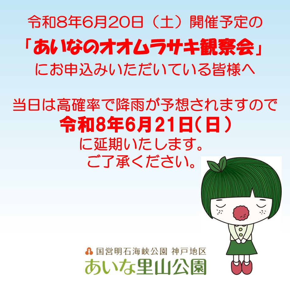 kobekaikyopark's tweet photo. 令和8年6月20日（土）開催予定の「あいなのオオムラ��キ観察会」
に申し込まれた皆様へ
当日は高確率で降雨が予想されますので、翌日（令和8年6月21日（日））
に延期いたします。
ご了承ください。
#あいな里山公園 #オオムラサキ観察会 #延期 https://t.co/UFUcLR3Fv5