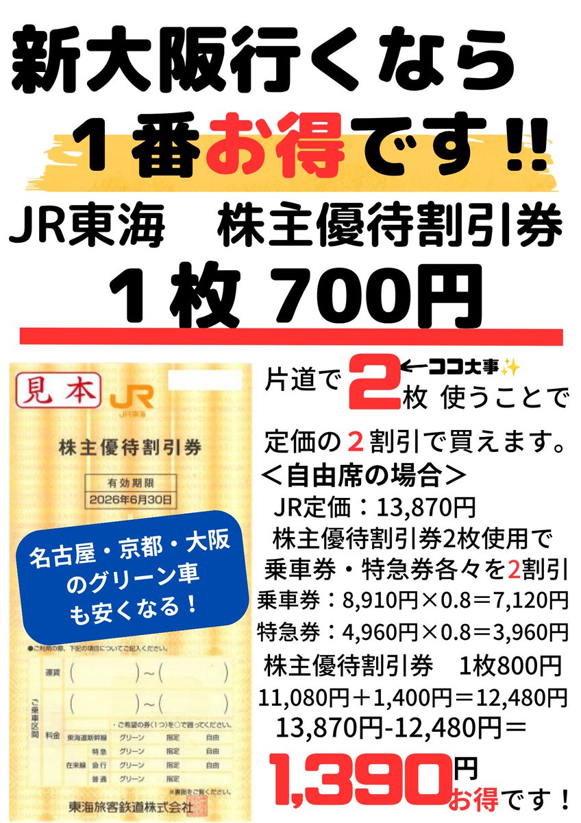 JR東海株主優待券 今月期限の為大幅値下げです！ 今月中に出かける方は 