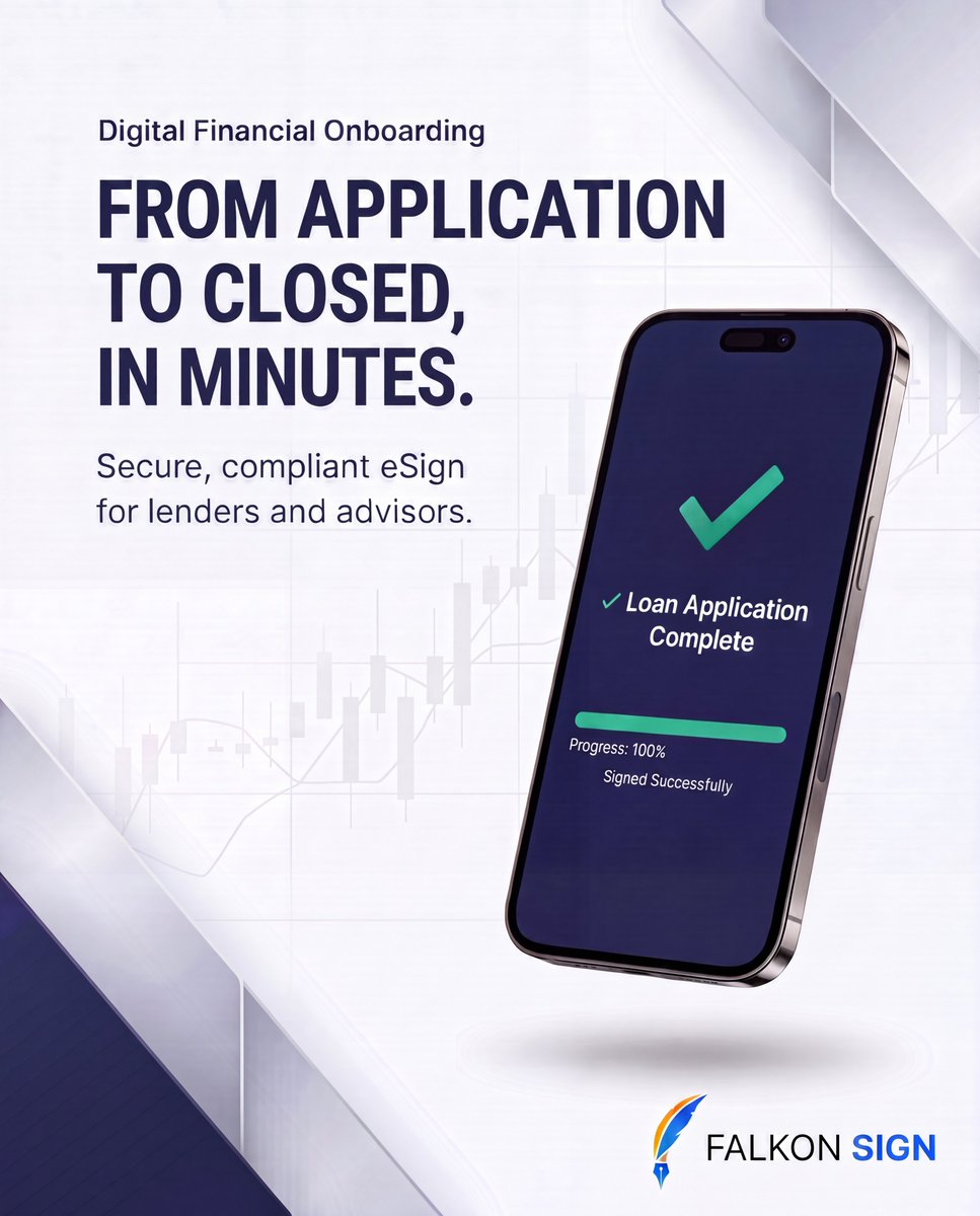 FalkonSystems's tweet photo. Loan apps, account openings, disclosures, and wealth onboarding - financial services run on signatures, and clients won't wait. Falkon Sign delivers compliant, mobile-friendly eSign workflows that move money faster.

https://t.co/fMsFq4ot0o

#FinTech #eSignature #DigitalLending https://t.co/SnLiATBKqg