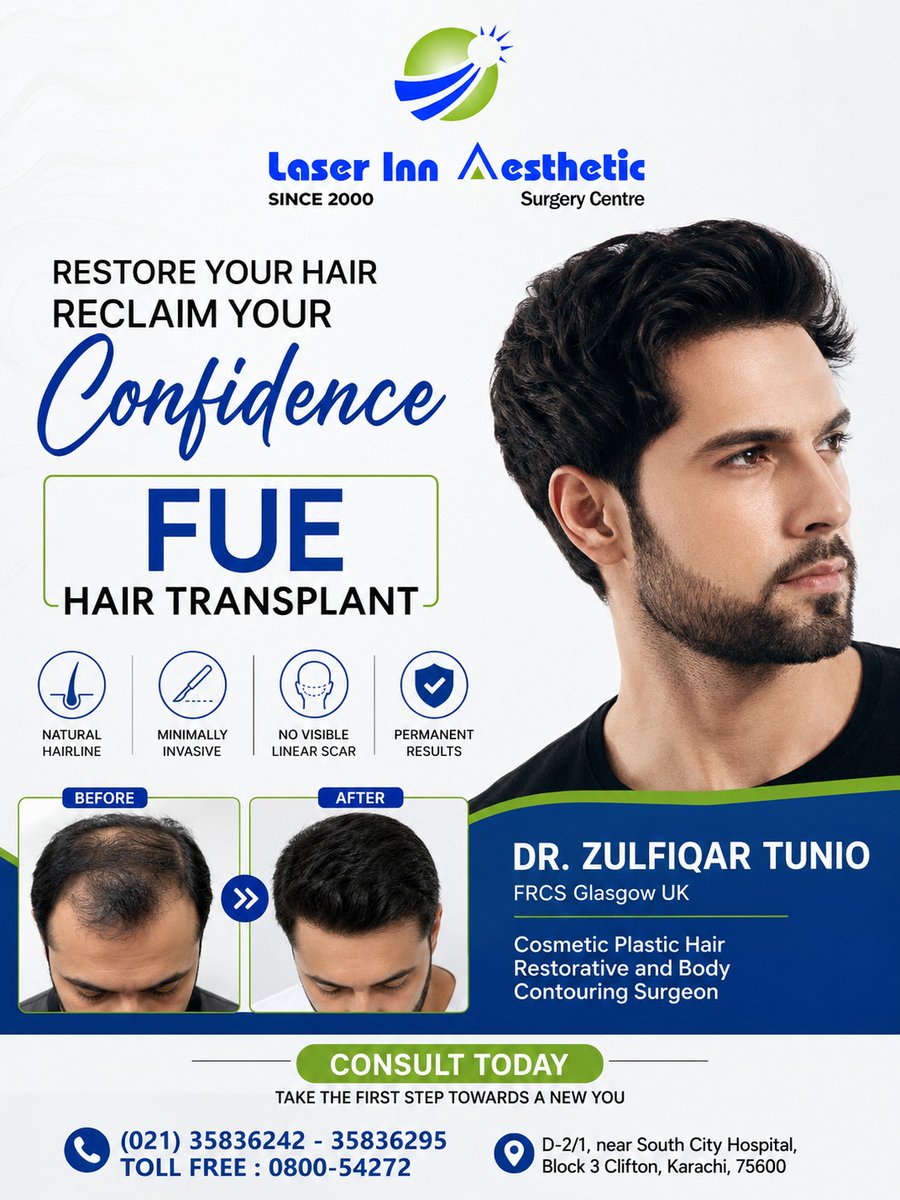 laserinn's tweet photo. Restore Stronger, Healthier &amp; Fuller Hair with FUE Hair Transplant at Laser Inn Aesthetic Surgery Centre  

• Safe, Advanced &amp; Minimally Invasive Procedure 

Book Your Consultation Today 
https://t.co/CGVbhPRt0j

📞 (021) 35836242 - 35836295 | ☎️0800-54272  
#FUEHairTransplant https://t.co/5p6A7LRdWV