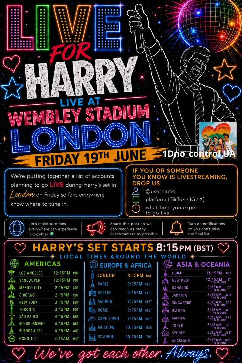 1Dnews_Control's tweet photo. 💚 LIVE FOR HARRY AT WEMBLEY STADIUM, LONDON 🇬🇧 Night 4

If you will be going LIVE during Harry’s set at Wembley Stadium on 19th June please DM so we can enjoy the show together!

#HarryStyles #HarryLive #WembleyStadium #TogetherTogetherTour 
#TTtourLondonN4 https://t.co/roceGRdQHV