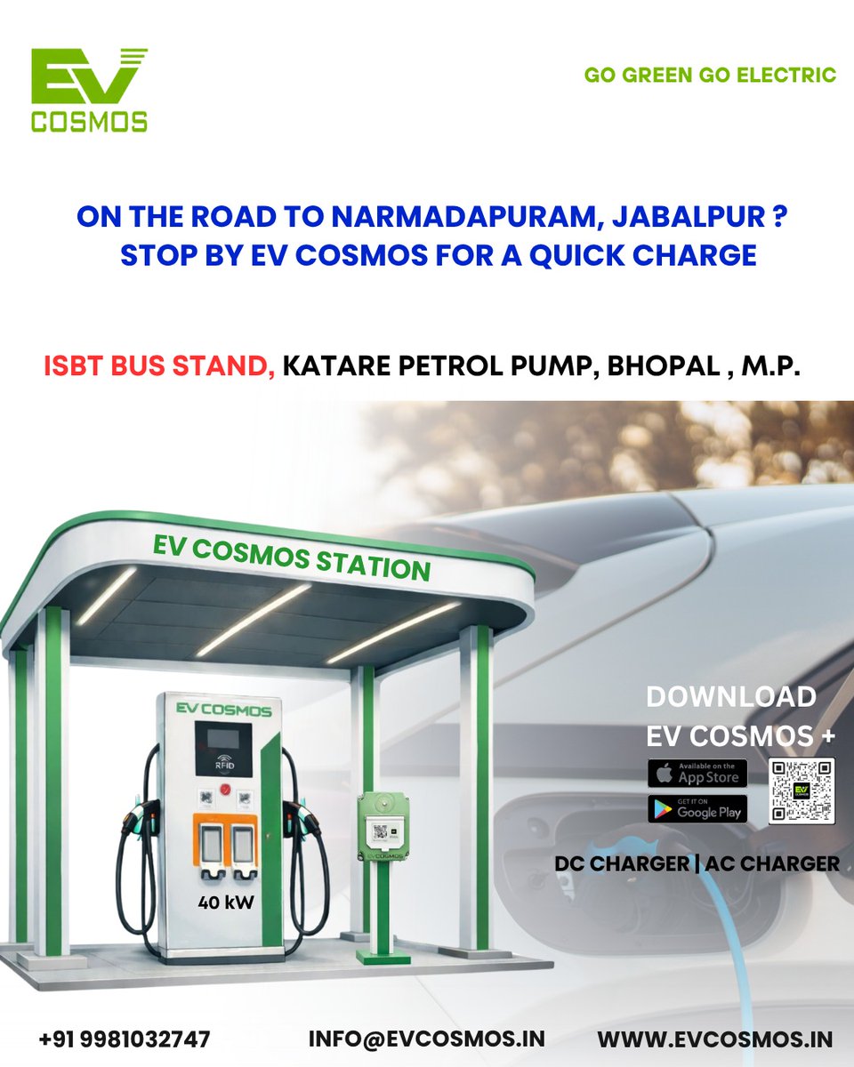 EvCosmosChrging's tweet photo. Powering Every Journey. Connecting Every Destination.
Whether you're traveling to Narmadapuram, Jabalpur, or beyond, EV COSMOS ensures your EV is always ready for the next mile.
📍 ISBT Bus Stand, Katare Petrol Pump, Bhopal
#EVCOSMOS #ElectricMobility #EVCharging #FastCharging https://t.co/ge0MFAxMUK