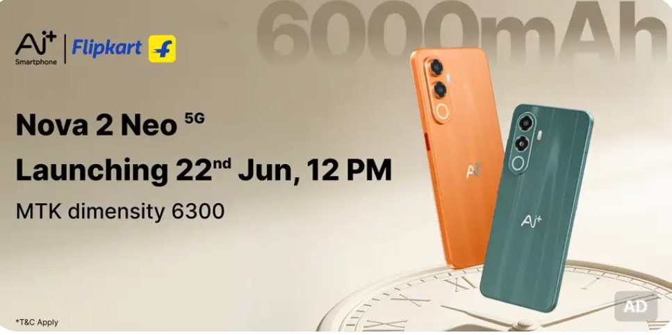 TusharG98540565's tweet photo. Ai Plus Nova 2 Neo 5G is launching in India on 22nd June, 2026.
#AiPlusSmartphone #AiPlusNova2 #AiPlusNova2Neo #Nova2 #Nova2Neo #Nova2Neo5G https://t.co/YwUyL8XhuW