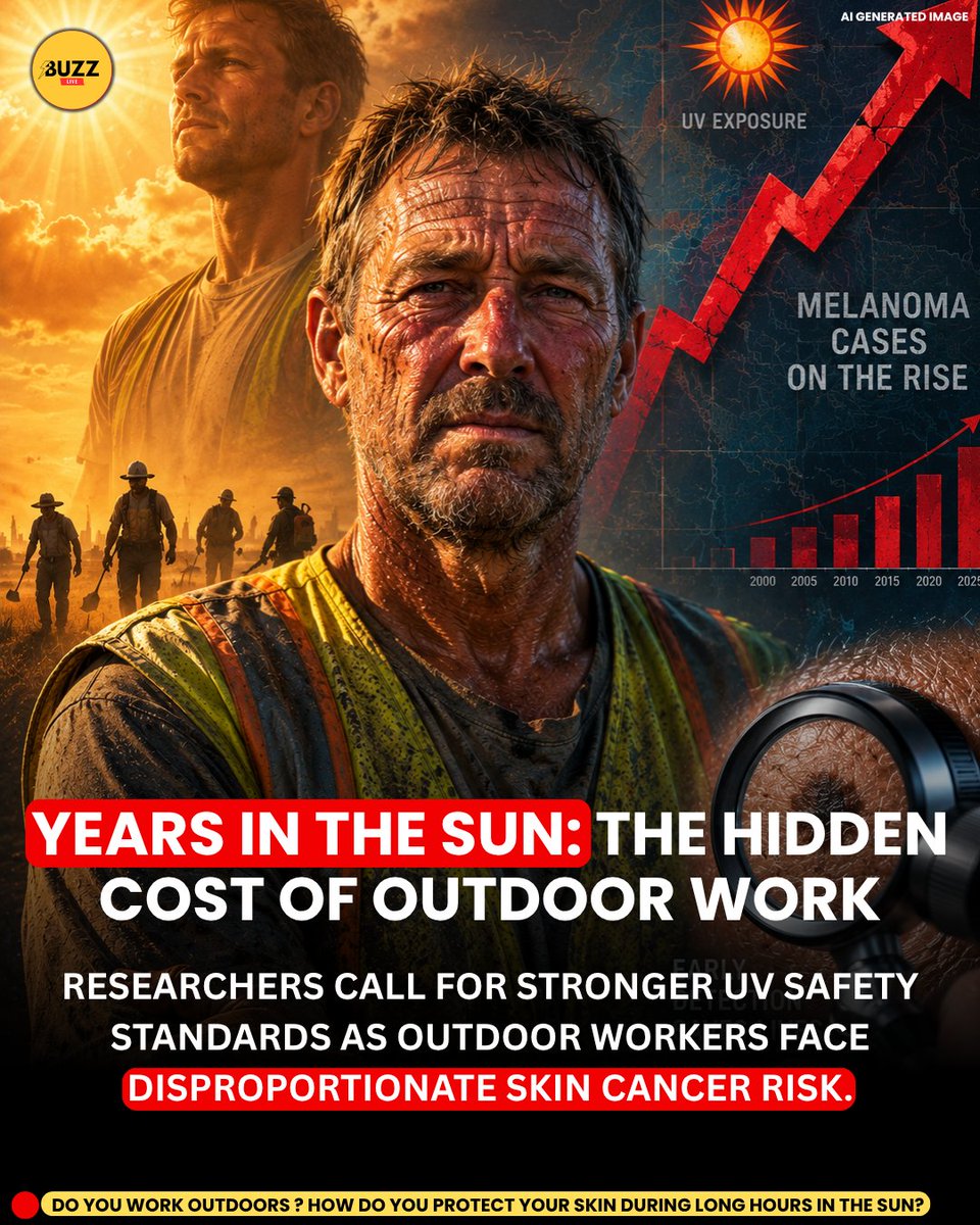 BuzzLive26's tweet photo. Construction, farming, landscaping, roofing — years of sun exposure on the job can quietly raise the risk of melanoma, the most serious type of skin cancer.

New research shows that occupational UV exposure is linked to a rising melanoma burden among outdoor workers . https://t.co/60P0qYrH7g