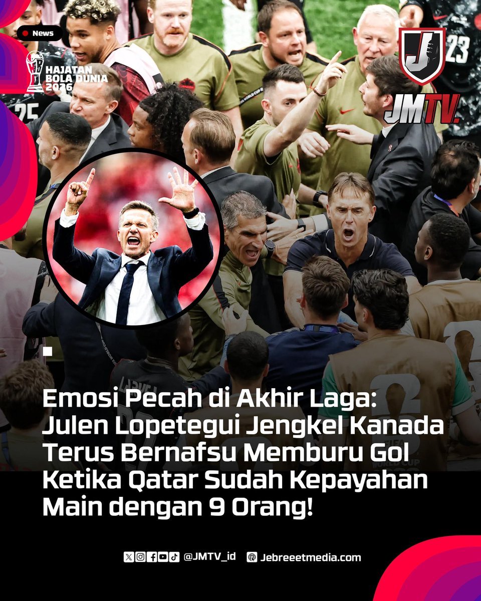 jmtv_id's tweet photo. Pelatih Qatar 🇶🇦, Julen Lopetegui, kesal dengan sikap para pemain Kanada 🇨🇦 yang tetap bernafsu mencetak gol ke gawang Qatar 🇶🇦 yang udah kebobolan enam gol dan harus bermain dengan 9 pemain. https://t.co/PmsbWNAq1C